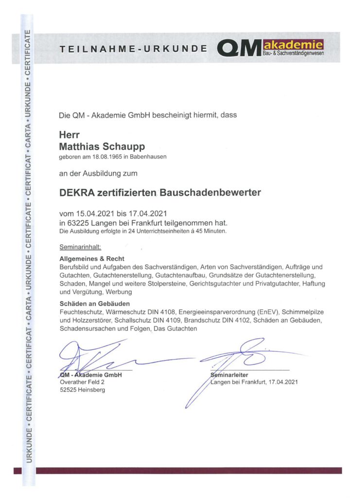 DEKRA zertifizierter Bauschadenbewerter